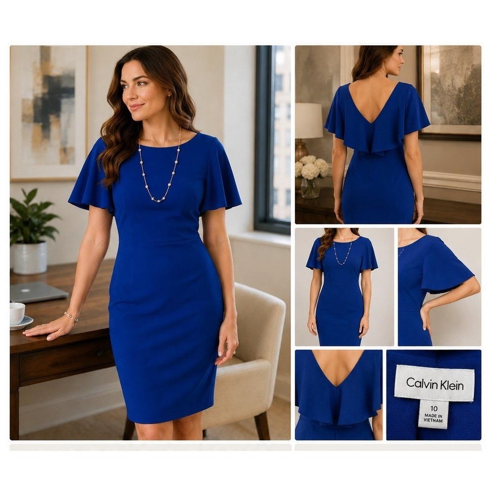 Calvin Klein Sheath Dress Womens 10 Royal Blue Cape Sleeve Flutter BacK Derby